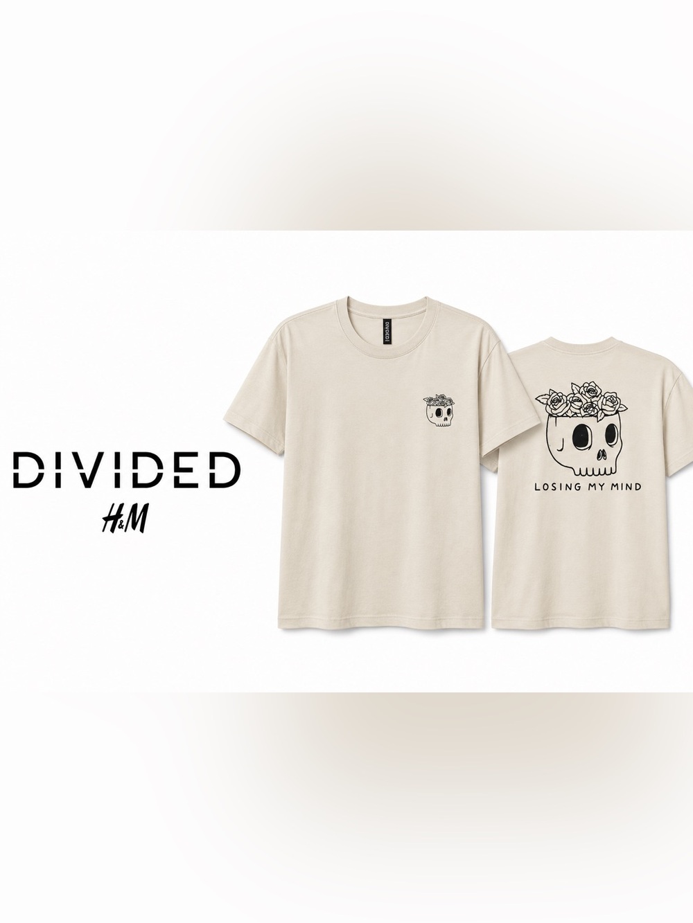 H&M Divided Skull Graphic Tee XS Cream “Losing My Mind” Goth Punk Shirt